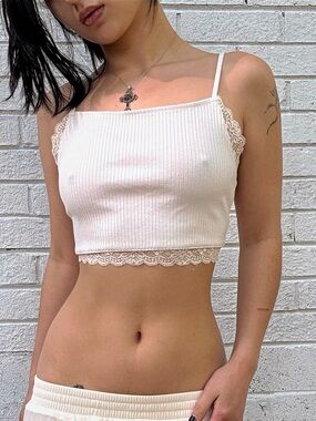 Forever 21 Cream Ribbed Lace Trim Cami Balletcore Y2K Inspired Top